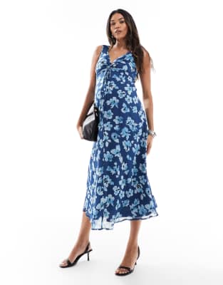 ASOS DESIGN Maternity - Robe mi-longue à fleurs avec col V et corsage froncé - Bleu-Multicolore