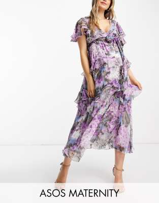 ASOS DESIGN Maternity tiered midi dress with lace insert and open back in lilac large floral print - ASOS Price Checker