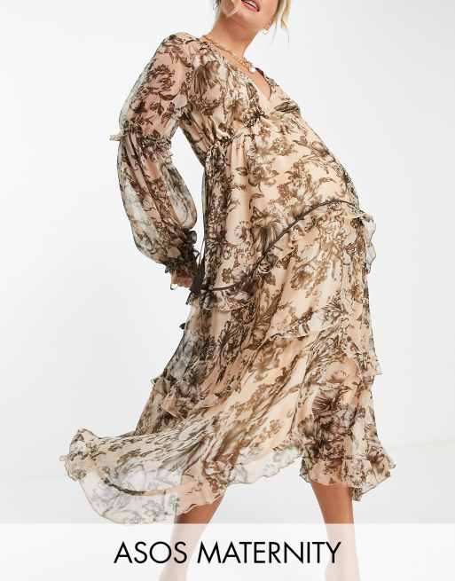 ASOS DESIGN Maternity - Robe mi-longue à volants superposés avec bordure en dentelle à motif floral