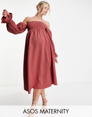 ASOS DESIGN Maternity shirred bust blouson sleeve midi dress in dark pink - ASOS Price Checker