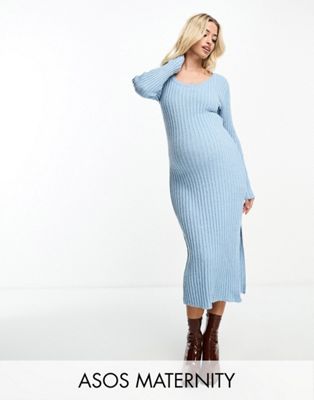 ASOS DESIGN Maternity square neck knitted midi dress in textured yarn in blue - ASOS Price Checker
