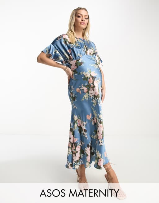 ASOS DESIGN Maternity Robe mi longue en satin avec imprim fleuri vintage et corsage bouffant