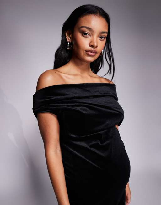 ASOS DESIGN Maternity - Robe mi-longue en velours à épaule tombante - Noir, 4 de 4