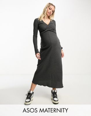 ASOS DESIGN Maternity waffle twist front midi dress with long sleeve in dark grey - ASOS Price Checker