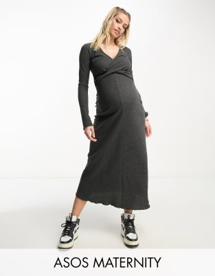 ASOS DESIGN Maternity waffle twist front midi dress with long sleeve in dark grey - ASOS Price Checker