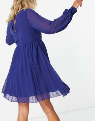 Robes DESIGN Maternity - Robe patineuse courte plissée à manches longues et col montant - Bleu marine