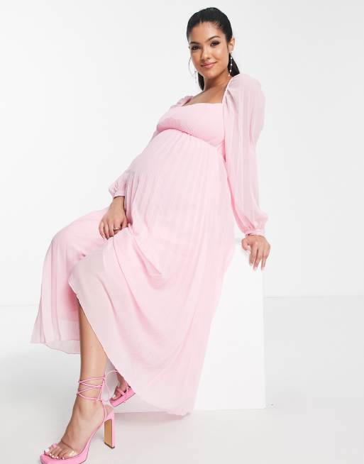 ASOS DESIGN Maternity Robe patineuse mi longue pliss e encolure carr e Rose pastel