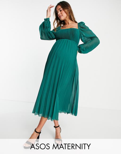 ASOS DESIGN Maternity - Robe patineuse mi-longue plissée à encolure carrée - Vert forêt