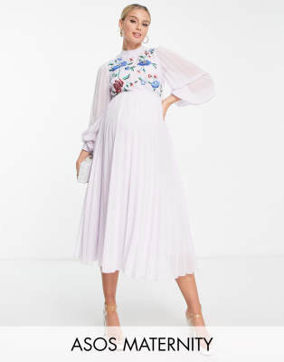 ASOS DESIGN Maternity high neck pleated long sleeve skater midi dress with embroidery in lilac - ASOS Price Checker