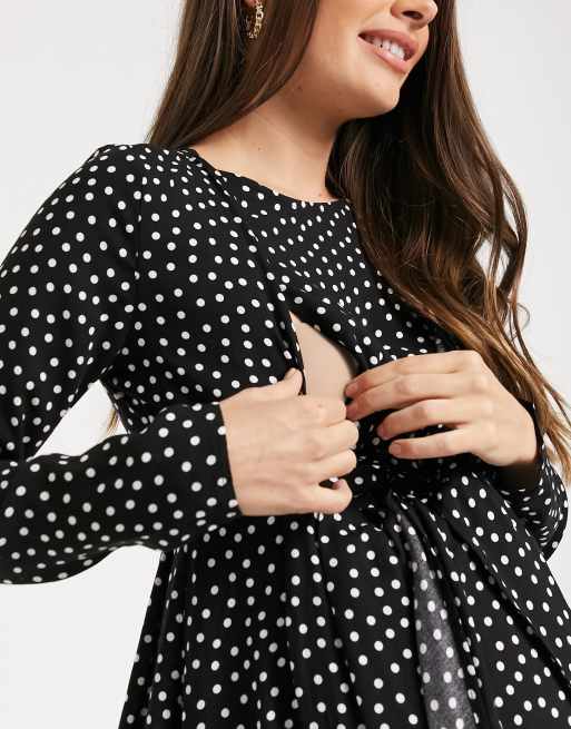 ASOS DESIGN Maternity Robe portefeuille courte d allaitement a manches longues a pois Monochrome