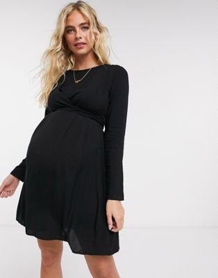 Robes DESIGN Maternity - Robe portefeuille courte d'allaitement à manches longues - Noir