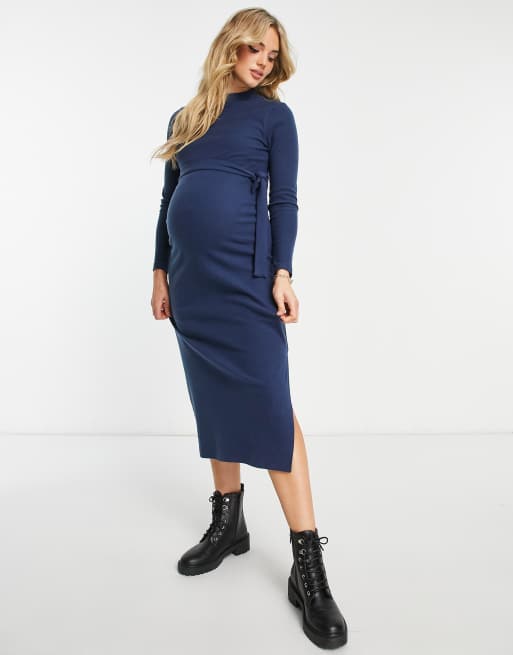ASOS DESIGN Maternity - Robe pull mi-longue ceinturée ultra-douce à col montant - Bleu marine, 4 de 4