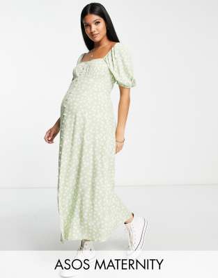 ASOS DESIGN Maternity - Robe rétro mi-longue boutonnée à détails bonnets - Vert sauge fleuri | ASOS