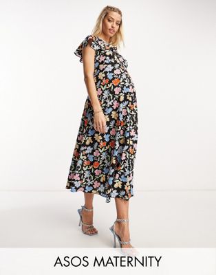 ASOS DESIGN Maternity flutter sleeve midi tea dress with buttons in multi floral print - ASOS Price Checker