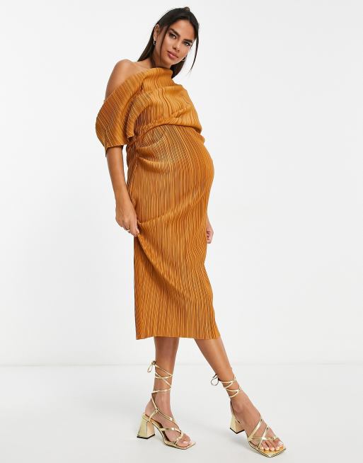 ASOS DESIGN Maternity – Rostfärgad, plisserad midiklänning med bara axlar, 2 av 4