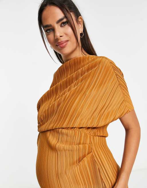 ASOS DESIGN Maternity – Rostfärgad, plisserad midiklänning med bara axlar, 4 av 4
