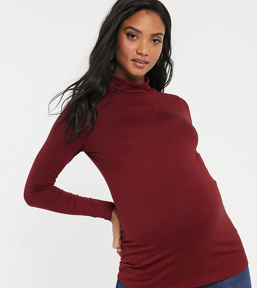 ASOS DESIGN Maternity – Rostfärgad topp med lång ärm och halvpolokrage-Röd