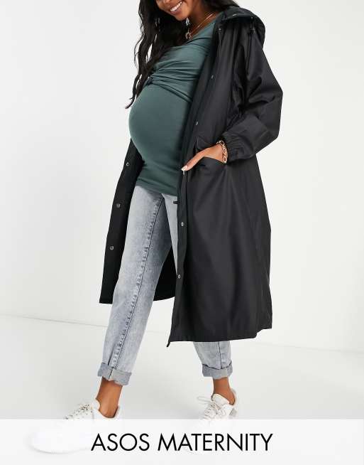 ASOS DESIGN Maternity rubberised midi rain coat in black