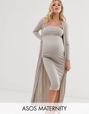 ASOS DESIGN Maternity ruched bandeau midi dress and drape jacket set | ASOS