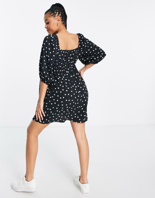 ASOS DESIGN Maternity ruched bust mini skater dress with puff sleeve in mono spot print