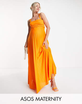 ASOS DESIGN Maternity ruched bust pleated maxi dress in orange | ASOS