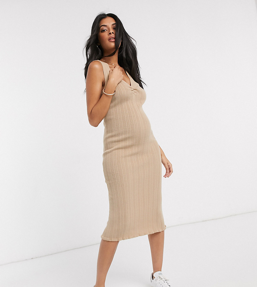 ASOS DESIGN Maternity ruched front knitted midi dress-Stone