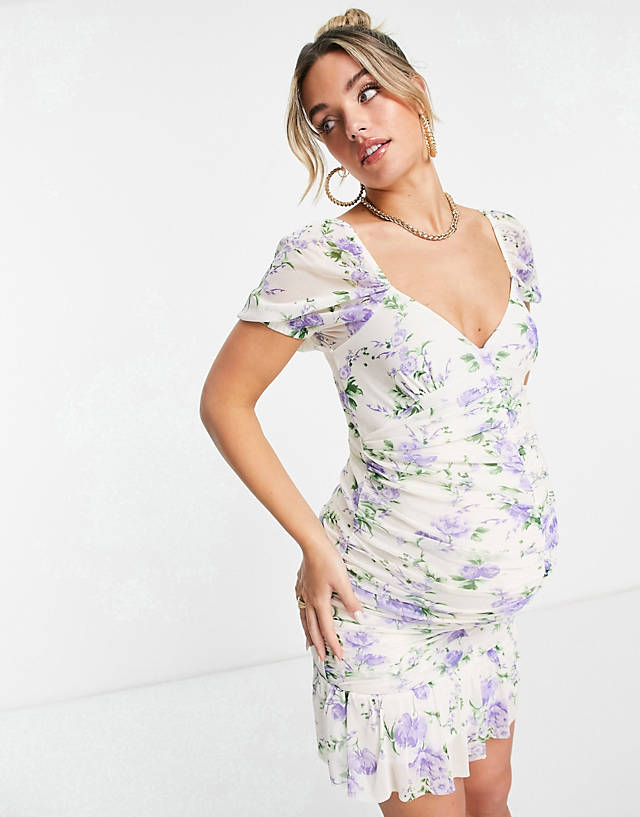 ASOS DESIGN Maternity ruched front mini dress in lilac floral ditsy ZN10323