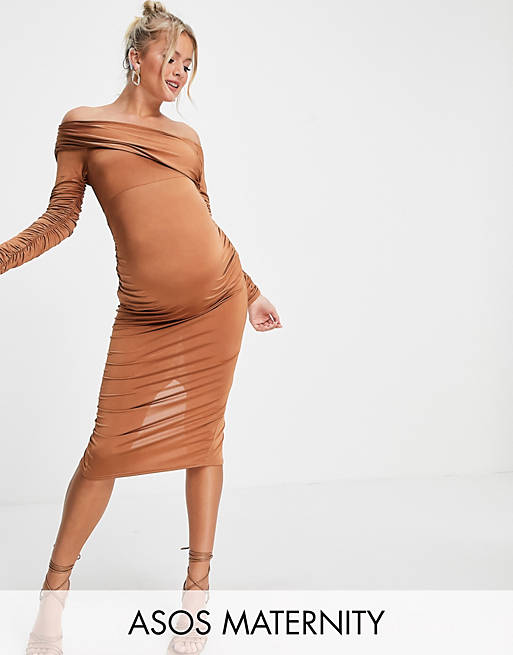 ASOS DESIGN Maternity ruched off shoulder body-conscious midi dress