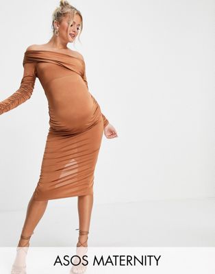 ASOS DESIGN Maternity ruched off shoulder bodycon midi dress | ASOS