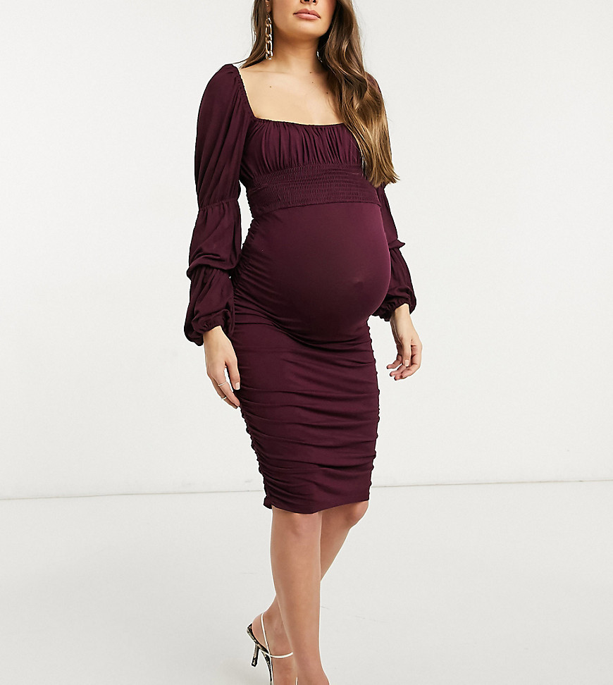 ASOS DESIGN Maternity ruched sheered midi dress with triple sleeve in purple
