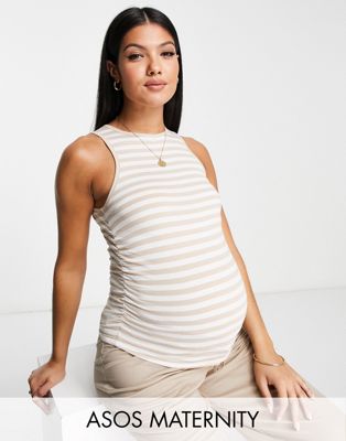 ASOS DESIGN Maternity ruched side tank in camel and white stripe