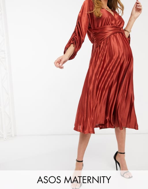 Asos Design Maternity Ruched Sleeve Satin Pleated Midi Dress In Mocha Asos 