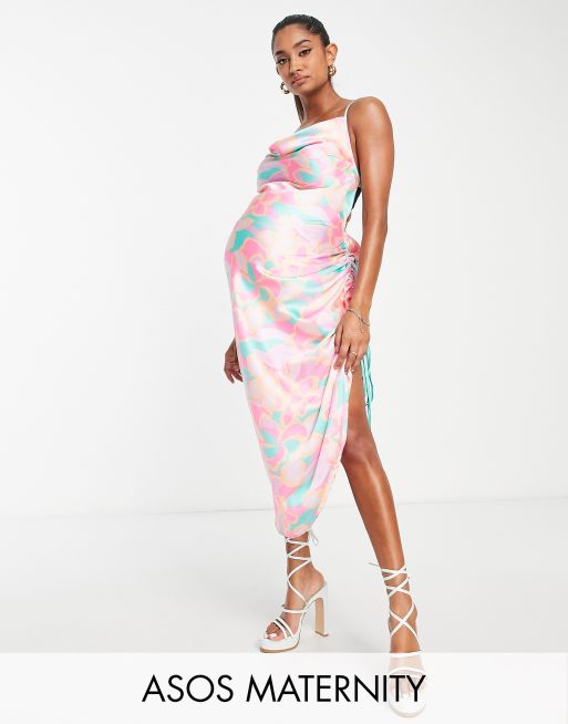 Maternity Floral Cowl Ruched Midi Dress