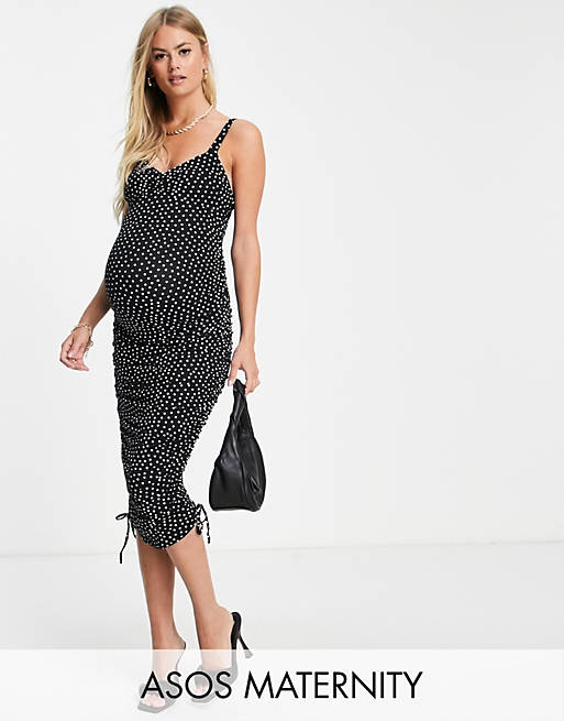ASOS DESIGN Maternity ruched sweetheart bodycon midi dress in spot print