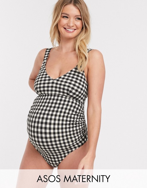 ASOS DESIGN maternity ruched swimsuit in mono gingham print