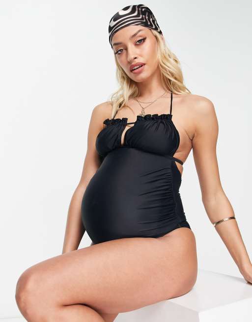 ASOS DESIGN Maternity ruched tie front swimsuit in black ASOS