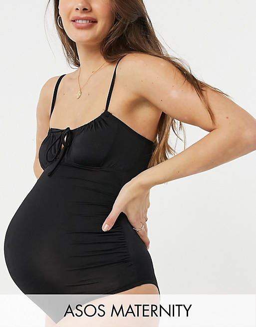 ASOS DESIGN maternity ruched tie front swimsuit in black