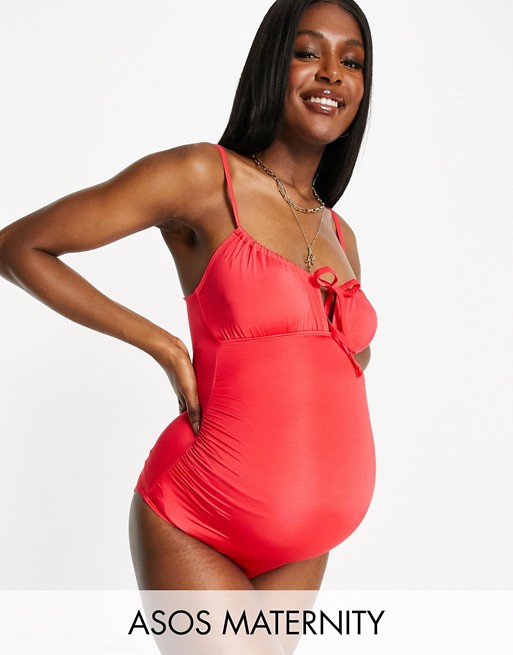 ASOS DESIGN maternity ruched tie front swimsuit in pink
