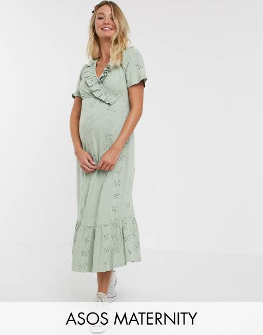 ASOS DESIGN maternity floral embroidered midi dress with lace insert and  satin tie detail in sage