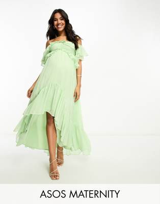 ASOS DESIGN Maternity ruffle cut out off the shoulder maxi dress with hi low hem in sage green - ASOS Price Checker