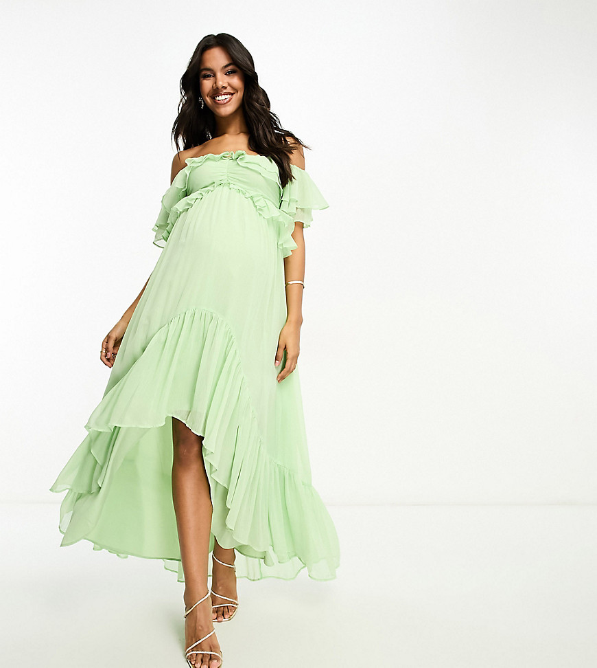 ASOS DESIGN Maternity ruffle cut out off the shoulder maxi dress with hi low hem in sage green