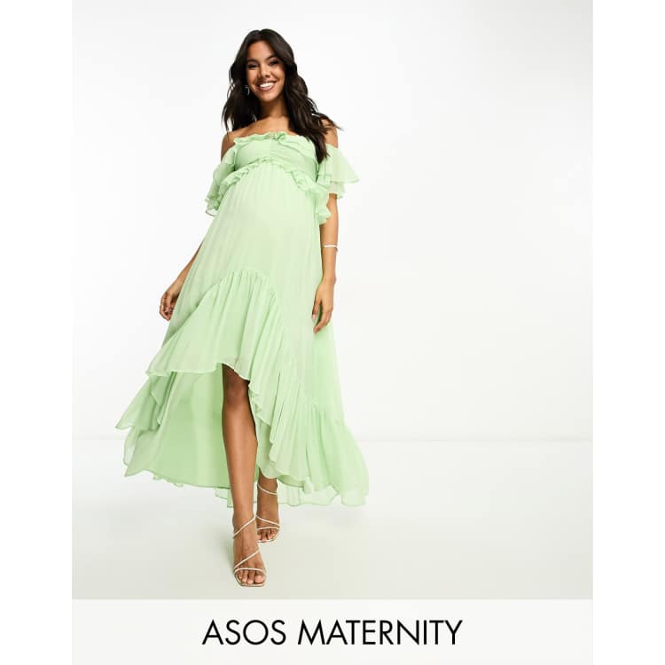 ASOS DESIGN Maternity ruffle cut out off the shoulder maxi dress with hi  low hem in sage green