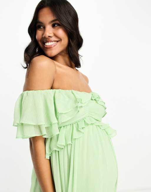 ASOS DESIGN Maternity ruffle cut out off the shoulder maxi dress with hi  low hem in sage green