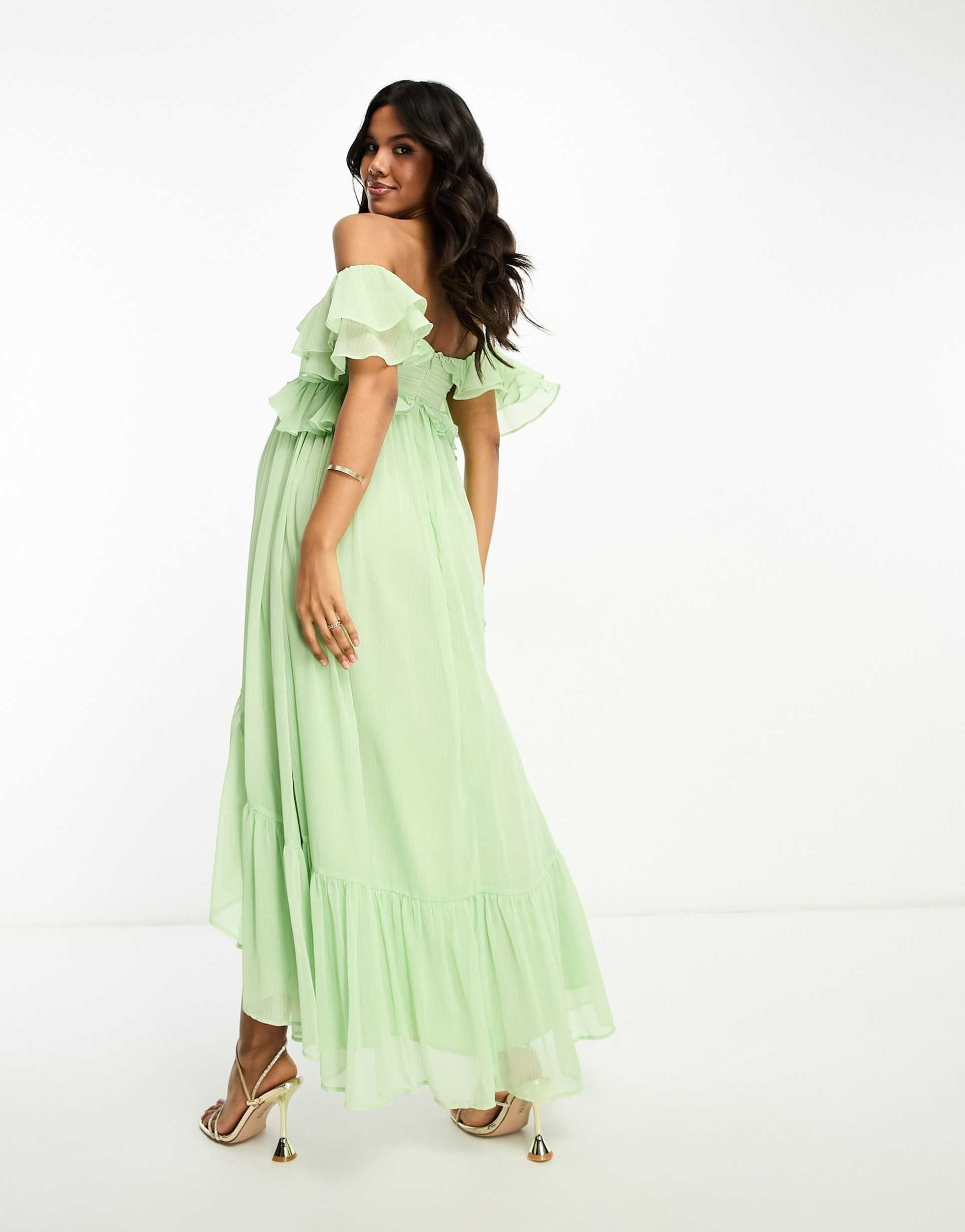 asos design maternity ruffle cut out off the shoulder maxi dress with hi low hem in sage green