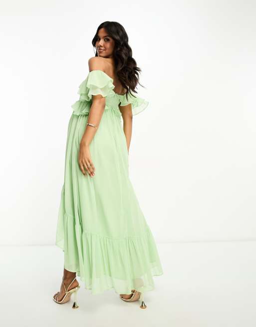 ASOS DESIGN Maternity ruffle cut out off the shoulder maxi dress with hi  low hem in sage green