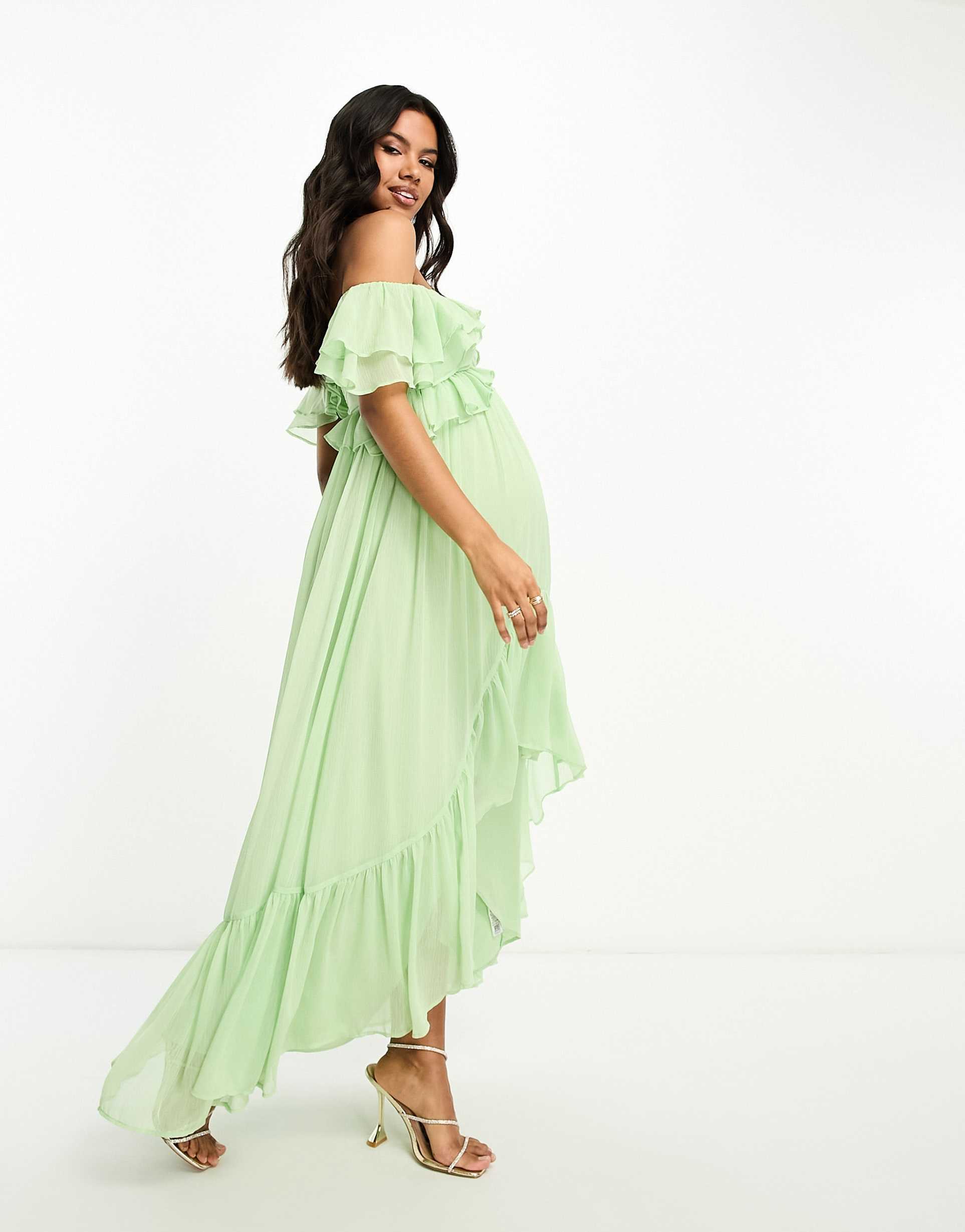 asos design maternity ruffle cut out off the shoulder maxi dress with hi low hem in sage green