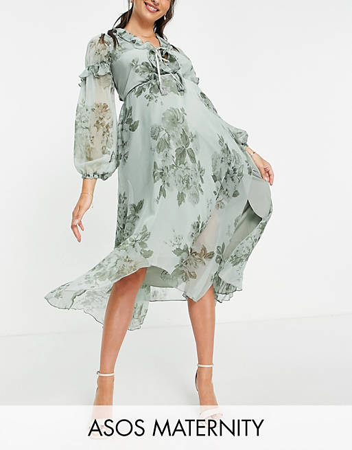  Maternity ruffle detail plunge midi dress with tie detail in green floral print 
