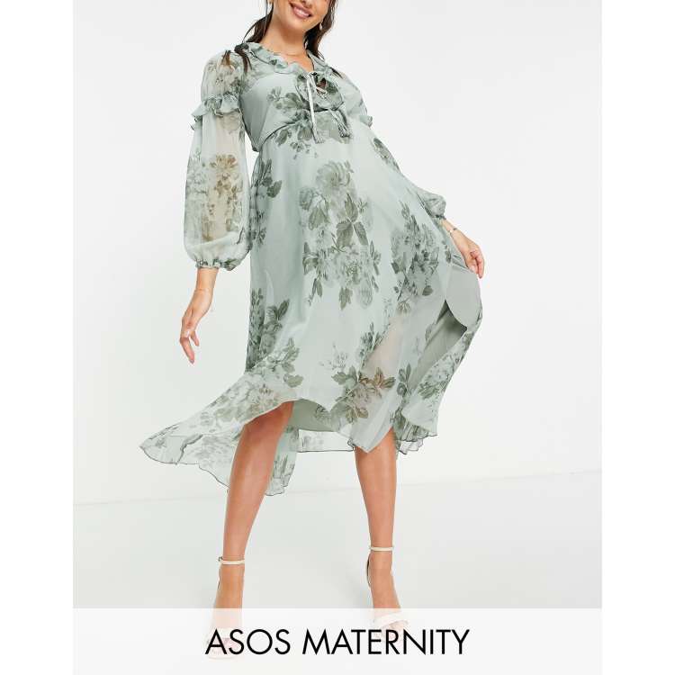 ASOS DESIGN Maternity ruffle detail plunge midi dress with tie