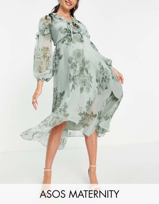 ASOS DESIGN Maternity ruffle detail plunge midi dress with tie detail in  green floral print