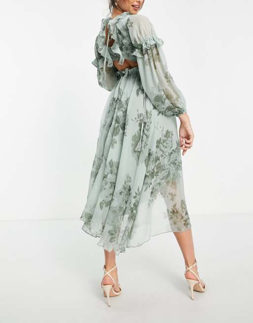 Asos design long sleeve midi dress with embroidered flowers and ruffle detail hotsell